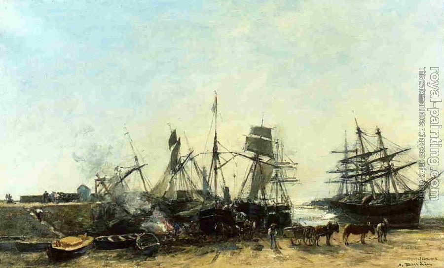 Eugene Boudin : Portrieux, the Port at Low Tide, Unloading Fish